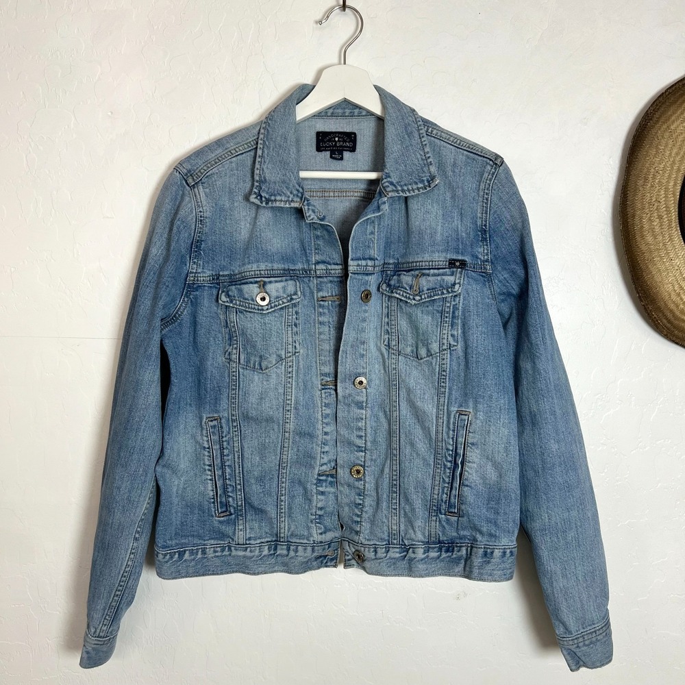 Lucky Brand Classic Denim Jacket Womens L Light Wash Blue Jean Trucker Stretch